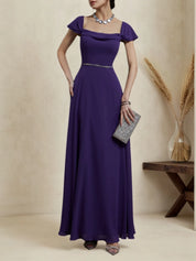 Purple Chiffon Square Neck Short Sleeve A-Line Maxi Bridesmaid Dress