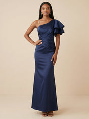 Navy Blue One Shoulder Pleated Maxi Gown with High Slit