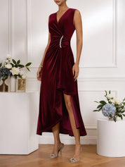 Wine Red Rhinestone Ruched Velvet V Neck Sleeveless A-Line Midi Dress