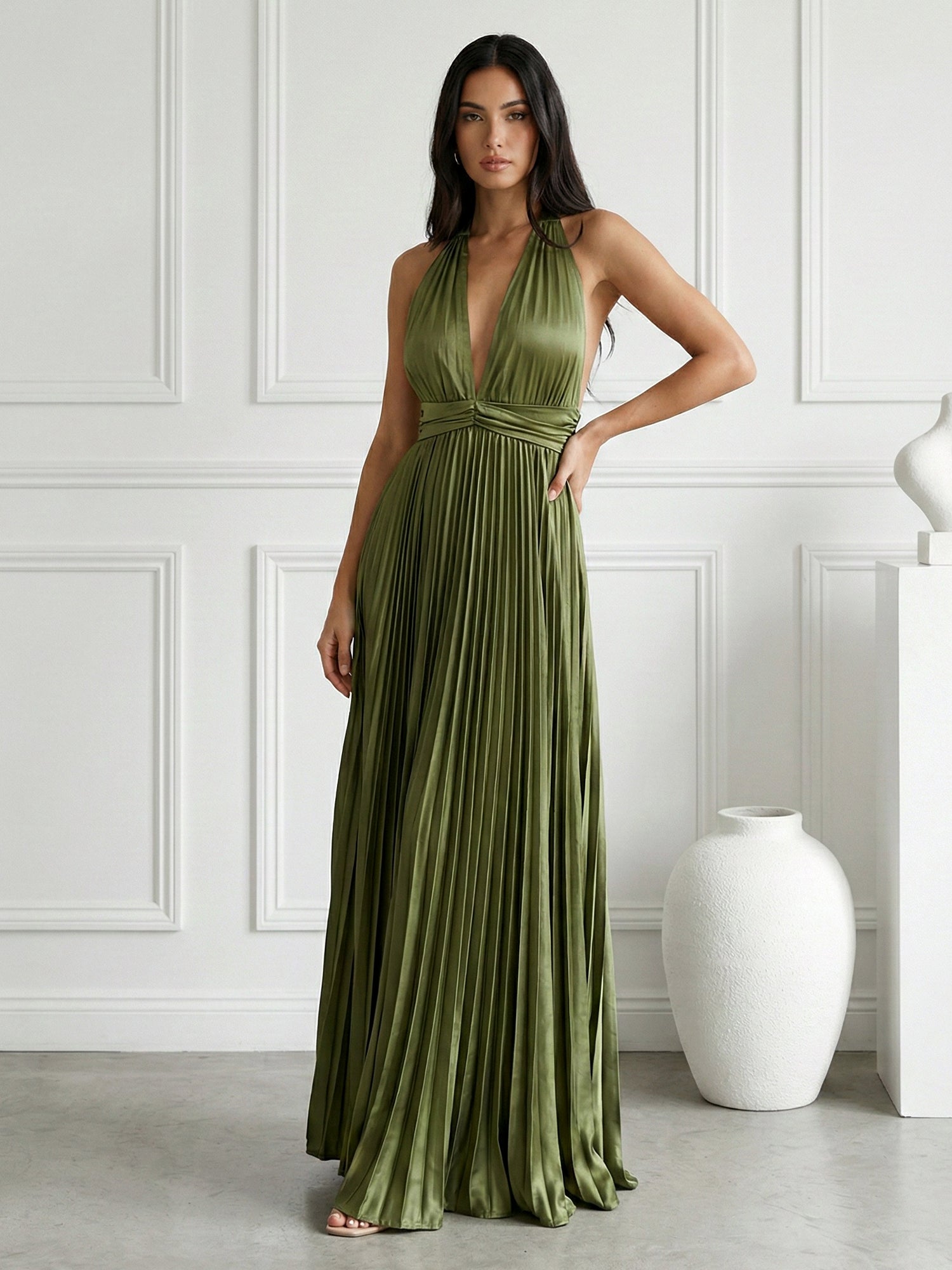 Sage Green V Neck Maxi Dress Prom Dress with Pleat
