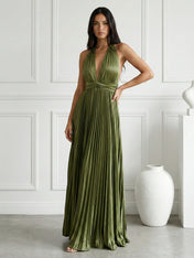 Sage Green V Neck Maxi Dress Prom Dress with Pleat