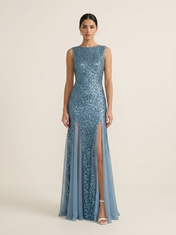 Sequin Column Boat-Neck Floor-Length Evening Dresses with Cowl Back