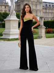 Strapless Contrast Trim Velvet Jumpsuit