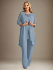 Chiffon Scoop Long Sleeves Mother Of The Bride Pantsuits With Jacket