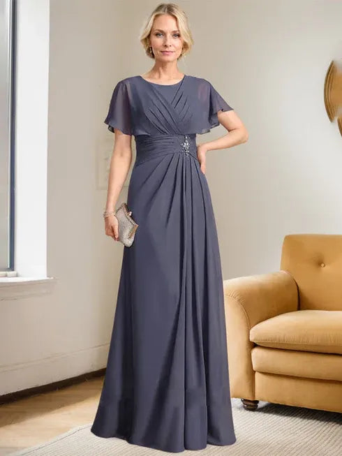 A-line Scoop Floor-Length Chiffon Mother of the Bride Dress With Pleated Beading