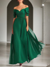 Formal Evening Gown Dark Green Off-The-Shoulder Chiffon Short Sleeve Maxi Dress