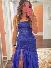 Strapless Applique Ruffle Mermaid Long Prom Dress with Slit