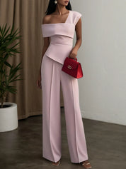 Women Pink Asymmetric Asymmetrical Short Sleeve Dressy Jumpsuit