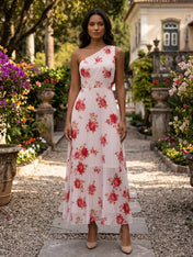 One-Shoulder Pleated Floral Midi Evening Dress