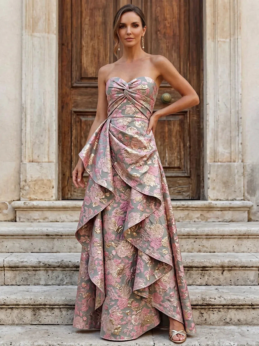 Sage and Pink Strapless Floral Brocade Ruffled Evening Dress