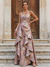 Sage and Pink Strapless Floral Brocade Ruffled Evening Dress
