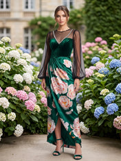 Emerald Green Floral Long-Sleeve Velvet and Satin Evening Dress