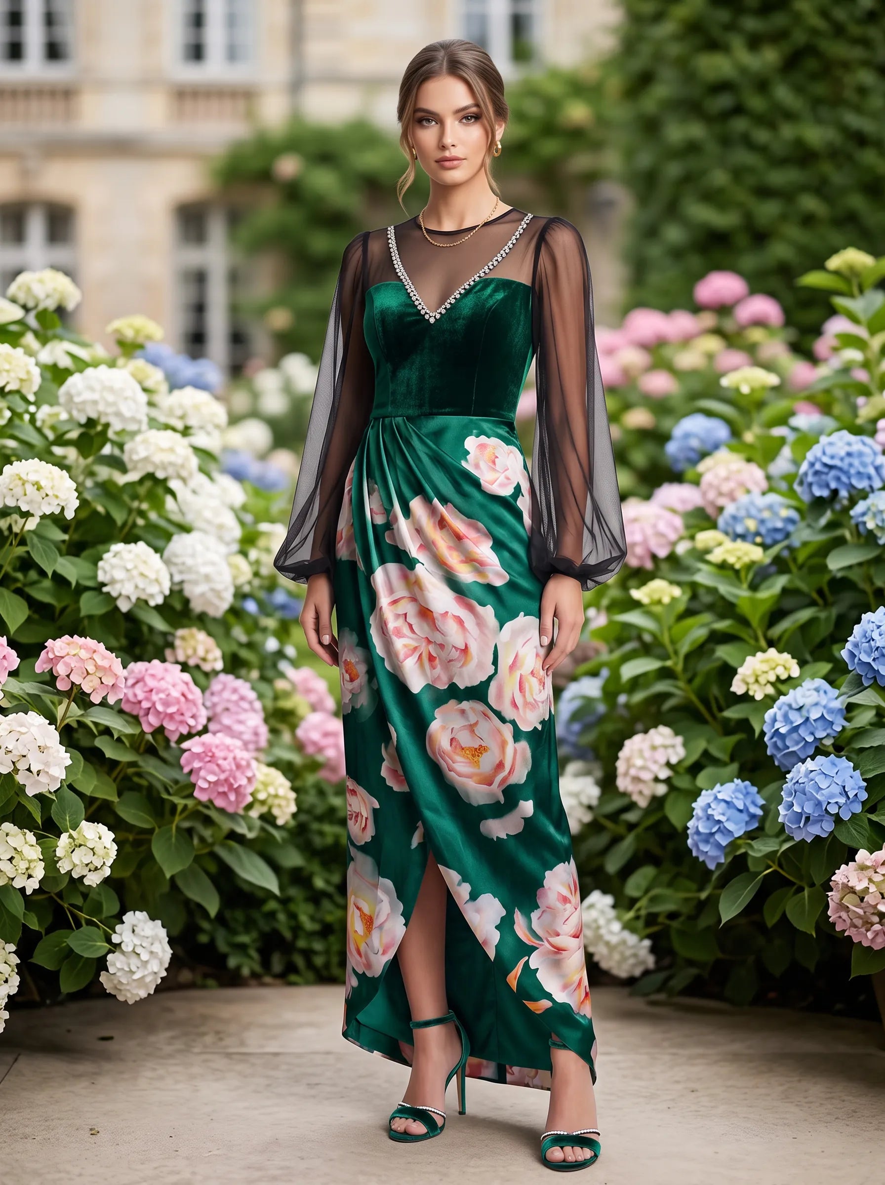 Emerald Green Floral Long-Sleeve Velvet and Satin Evening Dress
