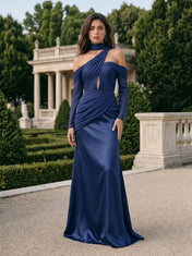 Navy Blue Choker Neck Long-Sleeve Draped Evening Dress