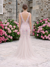 V-Neck Beaded Floral Embroidered Mermaid Tulle Prom Dress