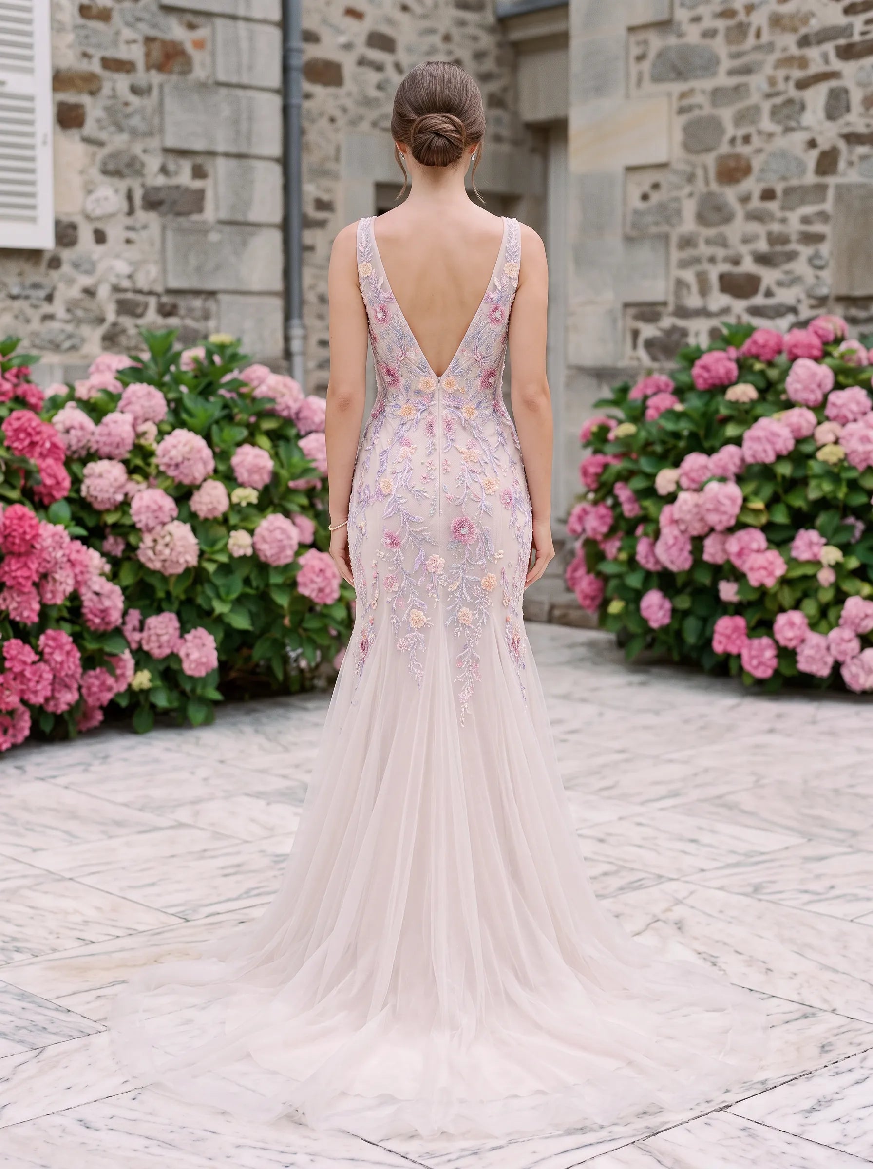 V-Neck Beaded Floral Embroidered Mermaid Tulle Prom Dress