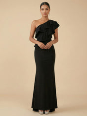 Elegant One-Shoulder Ruffle Mermaid Maxi Dress in Black