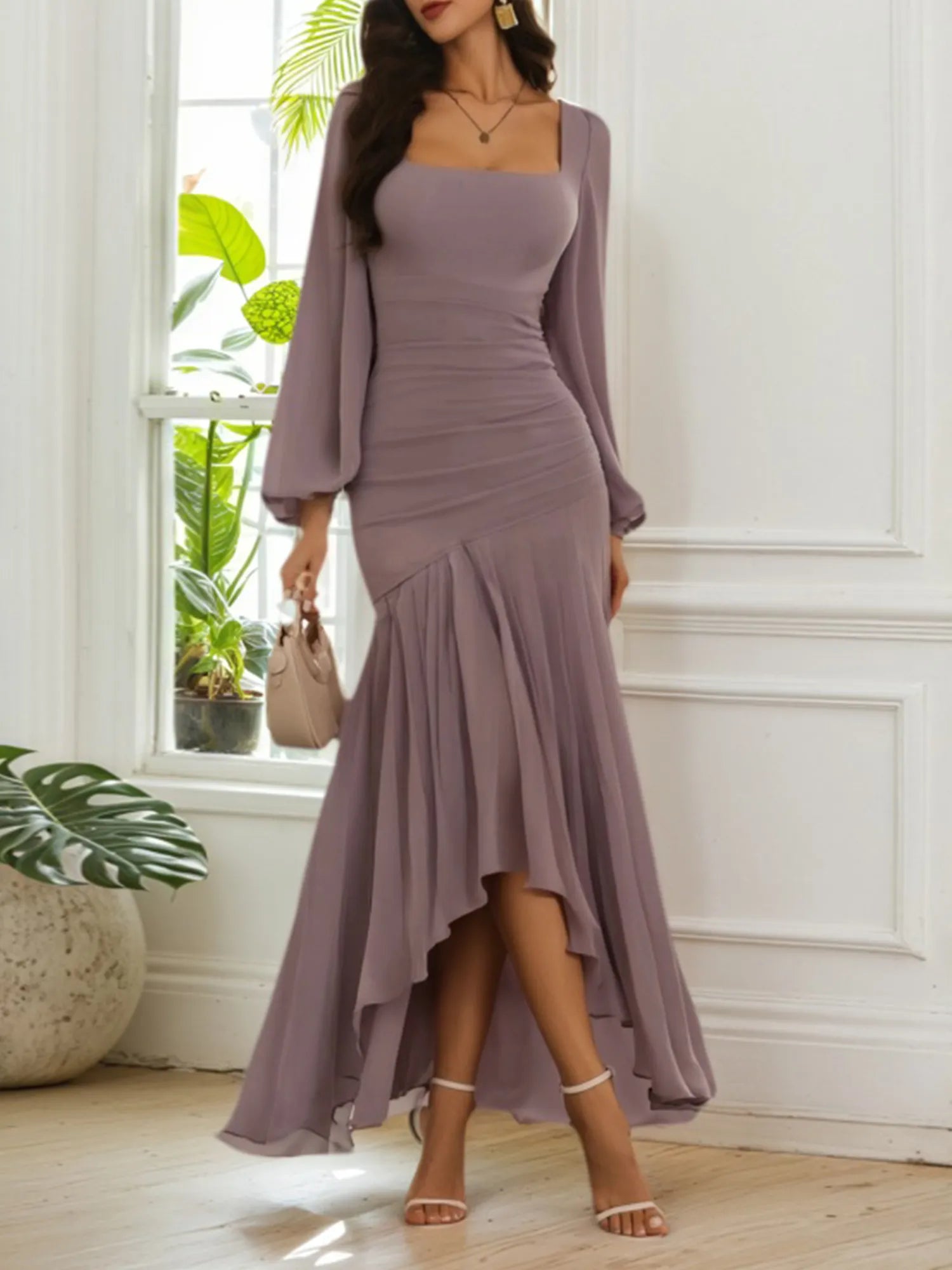 Fall Wedding Guest Dress Purple Square Neck Ruffle Maxi Dress