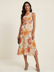 Elegant One-Shoulder Floral Print Ruched Tea-Length Evening Dresses