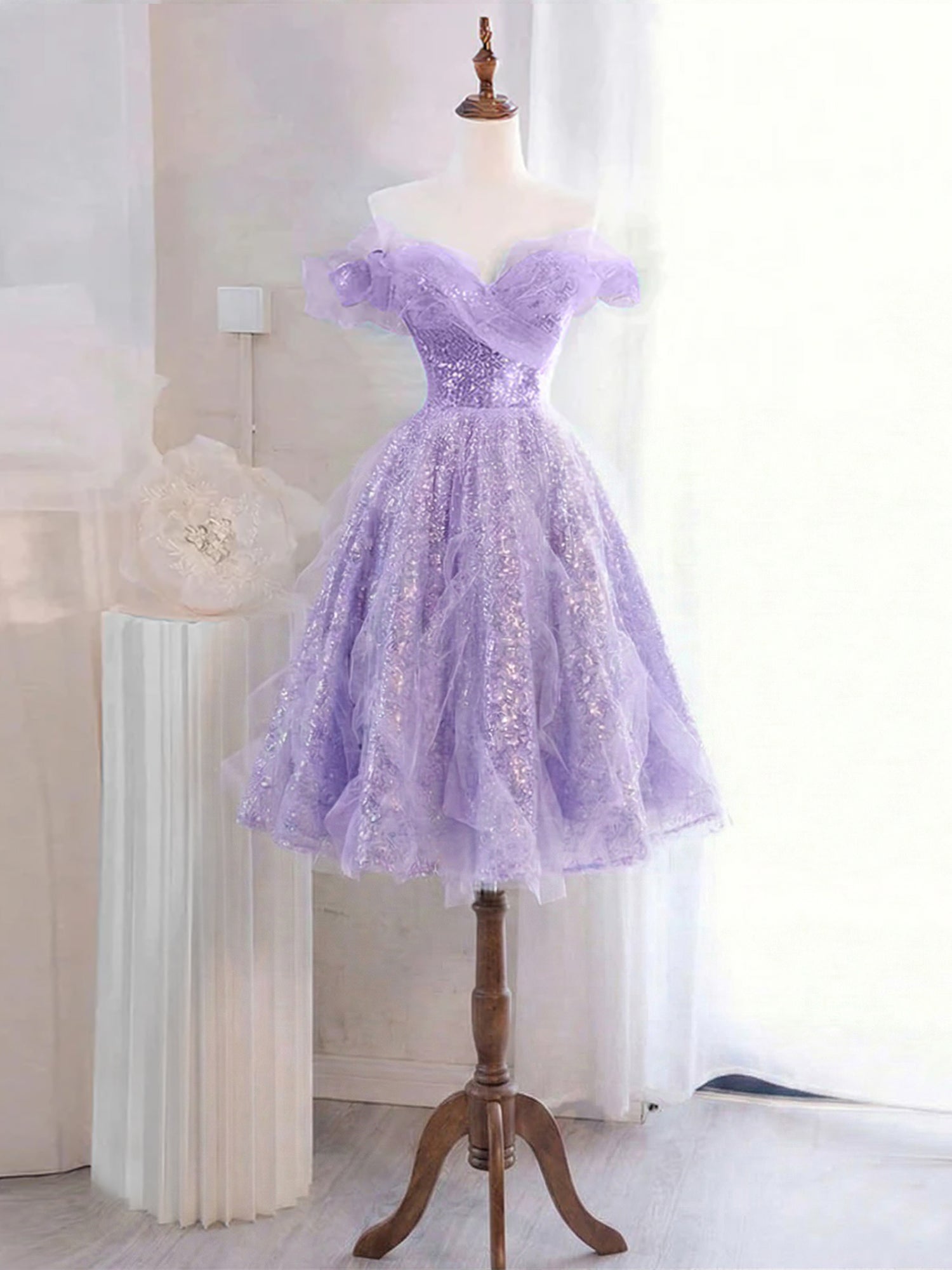 Whimsical Lavender Glitter Tulle Off-the-Shoulder Mini Homecoming Dress