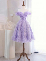 Whimsical Lavender Glitter Tulle Off-the-Shoulder Mini Homecoming Dress