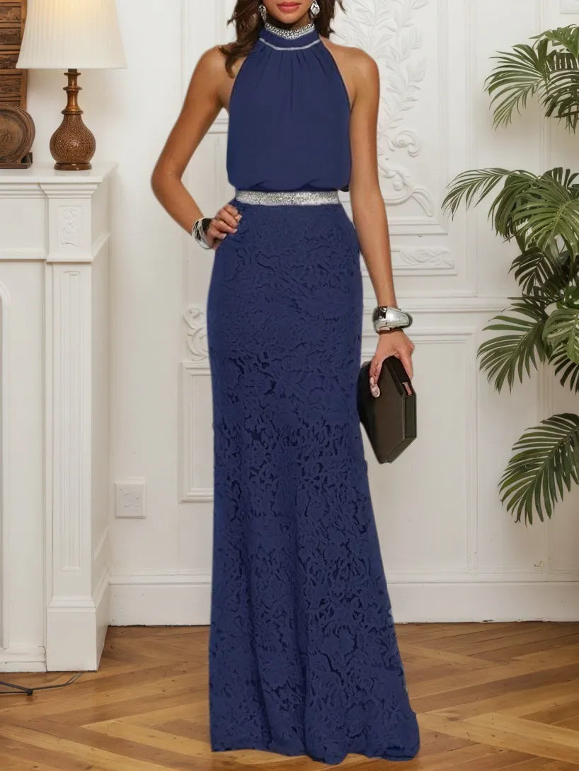 Purplish Blue Rhinestone Ruched Lace Halter Sleeveless Mermaid Gown Dress