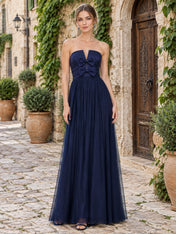 Strapless Bow-Embellished Tulle A-Line Evening Dress