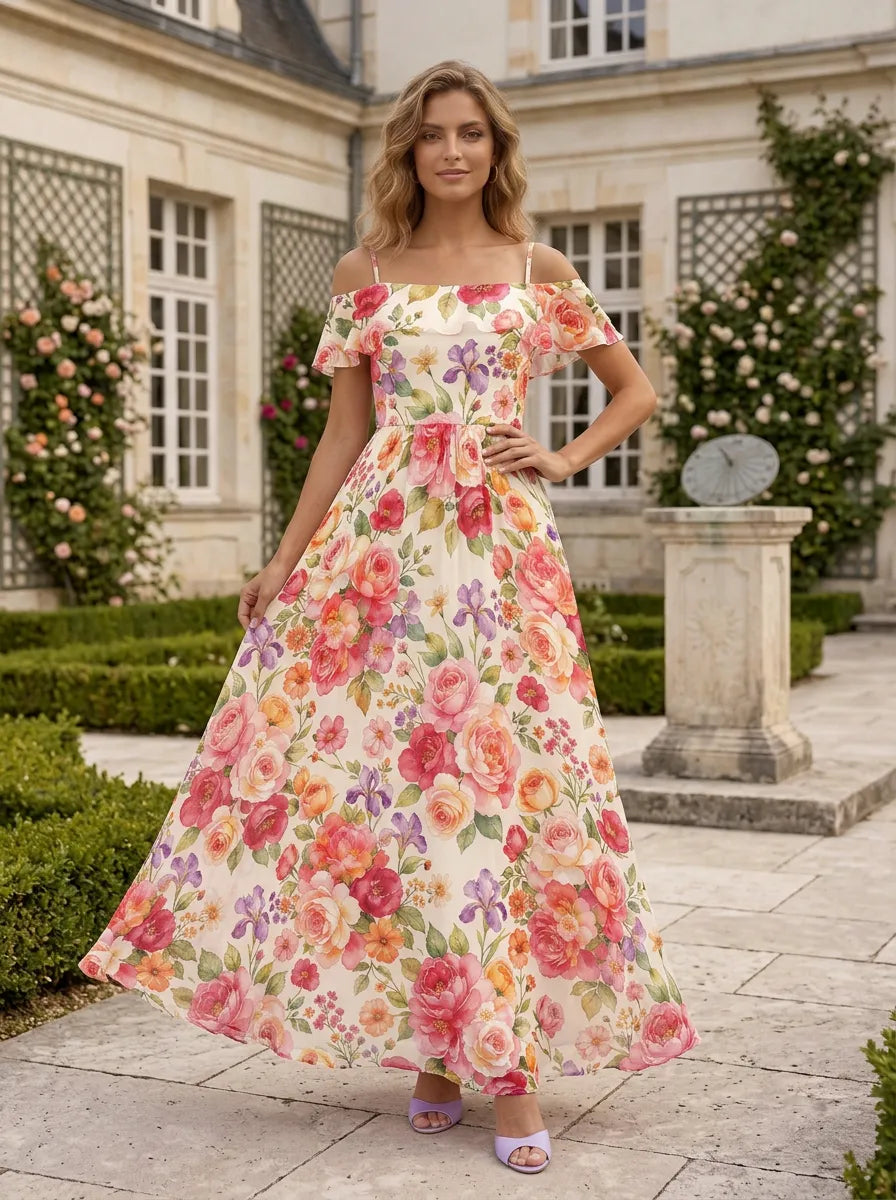 Off-the-Shoulder Ruffled Floral Chiffon Long Evening Dress
