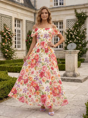 Off-the-Shoulder Ruffled Floral Chiffon Long Evening Dress