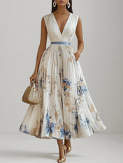 White Pleated Floral Chiffon V Neck Sleeveless A-Line Midi Dress