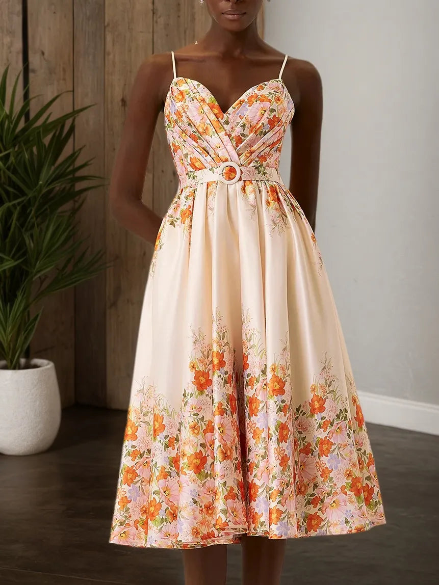 Beige Floral Satin Spaghetti Sleeveless A-Line Midi Dress