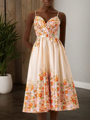 Beige Floral Satin Spaghetti Sleeveless A-Line Midi Dress