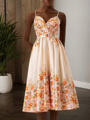 Beige Floral Satin Spaghetti Sleeveless A-Line Midi Dress