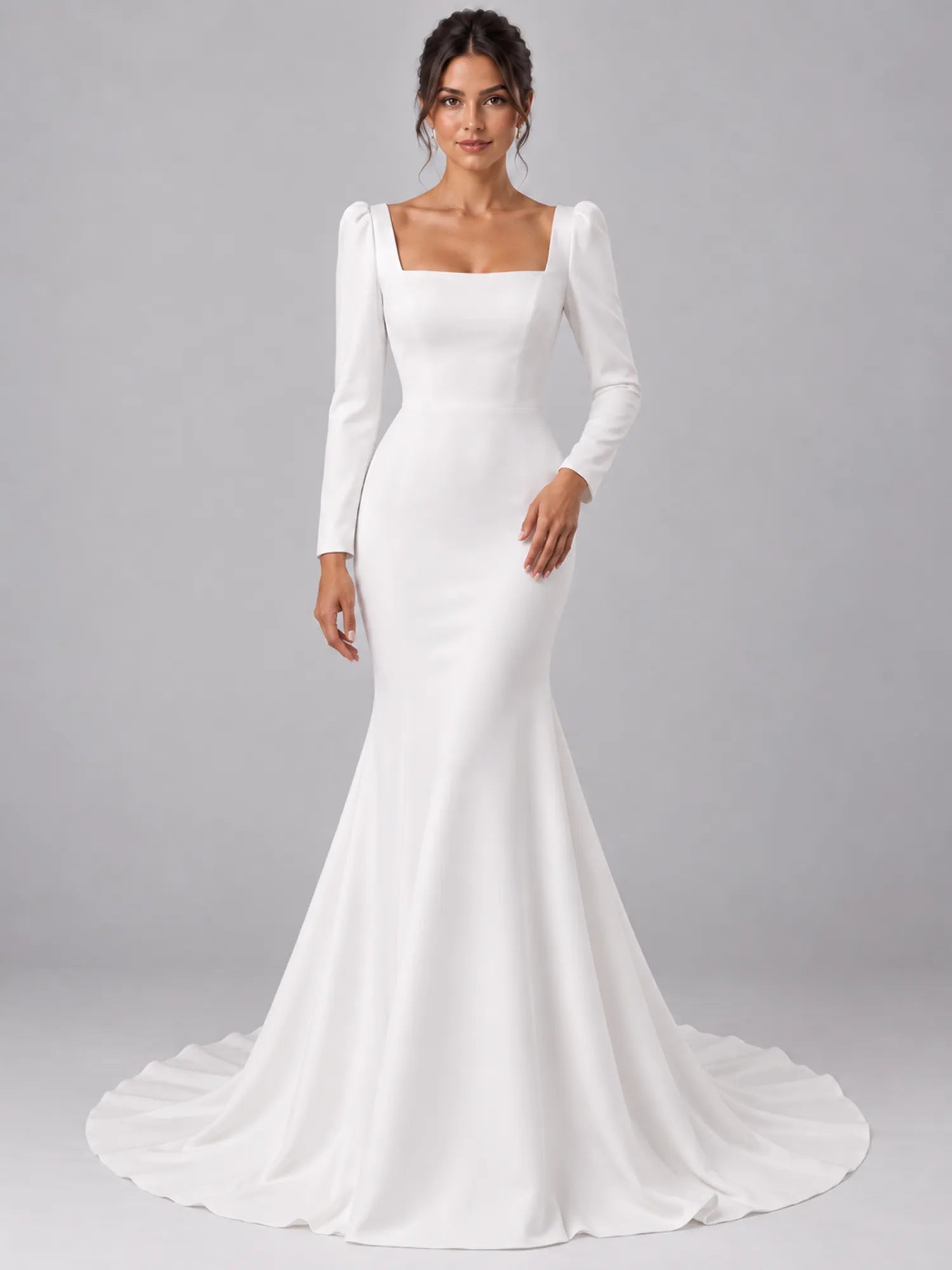 Pure White Square-Neck Long-Sleeve Mermaid Wedding Dress