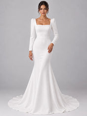 Pure White Square-Neck Long-Sleeve Mermaid Wedding Dress