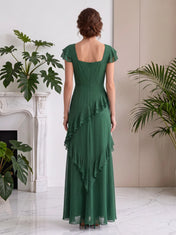Square-Neck Flutter-Sleeve Asymmetric Cascading Ruffle Chiffon Evening Dress