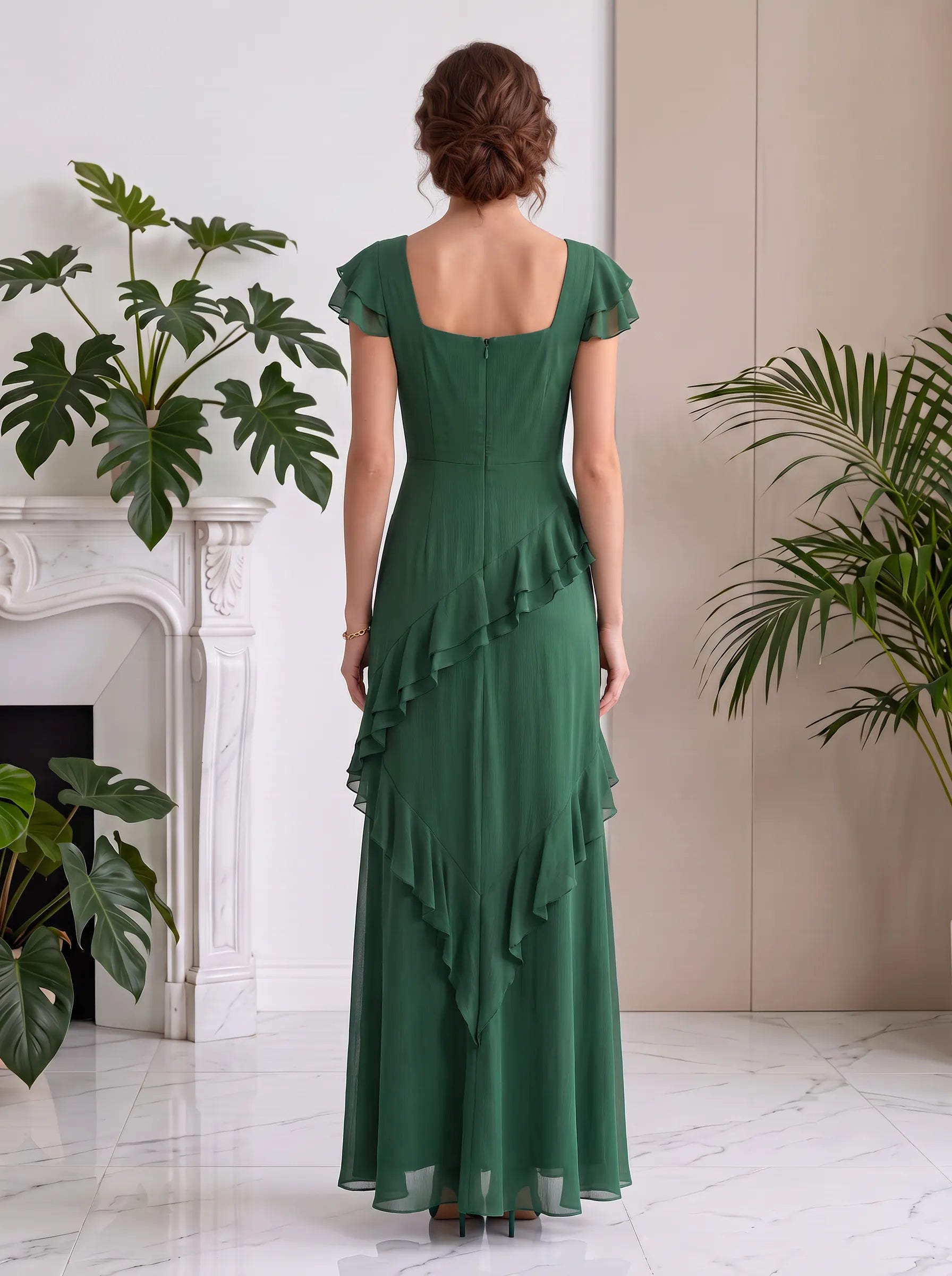 Square-Neck Flutter-Sleeve Asymmetric Cascading Ruffle Chiffon Evening Dress