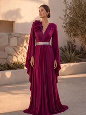 Plum V-Neck Rosette Accented Flowing Sleeve Floor-Length Gown Dress