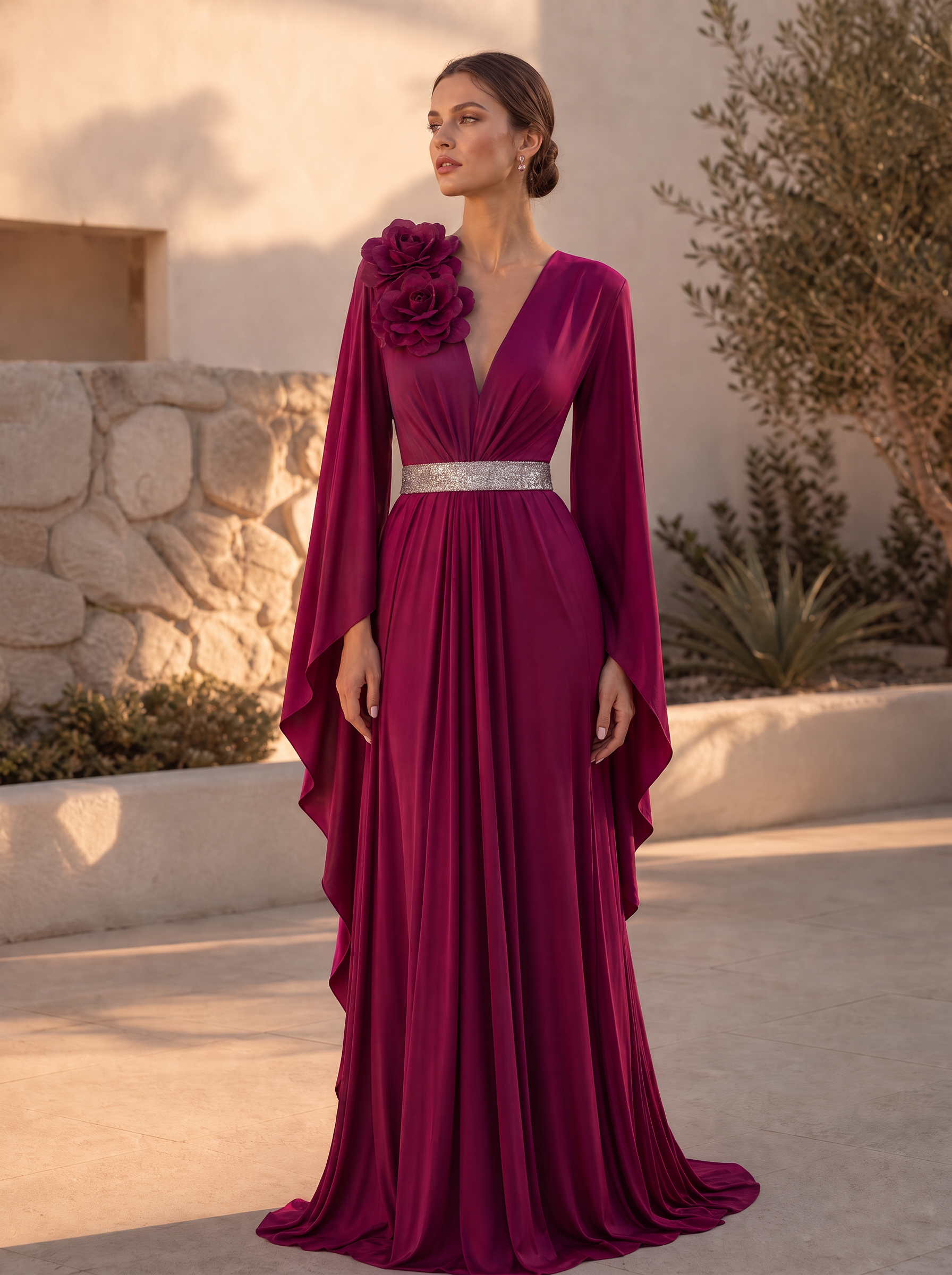 Plum V-Neck Rosette Accented Flowing Sleeve Floor-Length Gown Dress