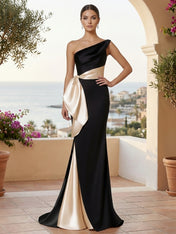 One Shoulder Mermaid Satin Pleat Evening Dresses with Bow