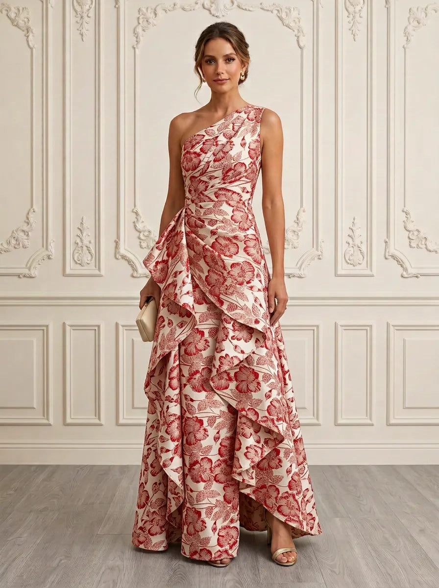 One-Shoulder Red and Ivory Floral Brocade Cascading Mother of the Bride Dress