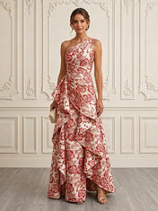 One-Shoulder Red and Ivory Floral Brocade Cascading Mother of the Bride Dress