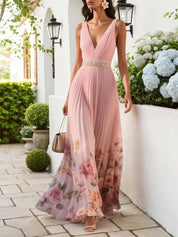 Pink Pleated Floral Deep V Neck A-Line Maxi Chiffon Dress