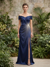 Navy Blue Off-the-Shoulder Beaded Starburst Slit Evening Dress