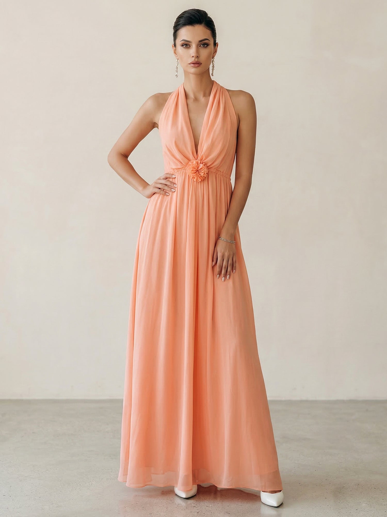 3D Floral Halter Neck Deep-V Chiffon Maxi Dress