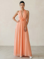 3D Floral Halter Neck Deep-V Chiffon Maxi Dress