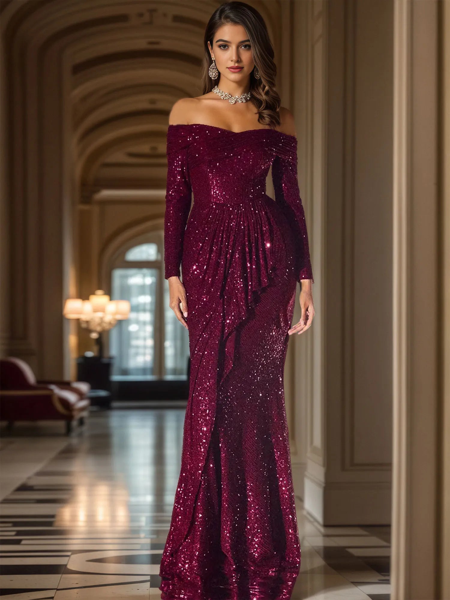 Off-Shoulder Long Sleeve Sequin Ruffled Mermaid Maxi Gown Formal Evening Dress