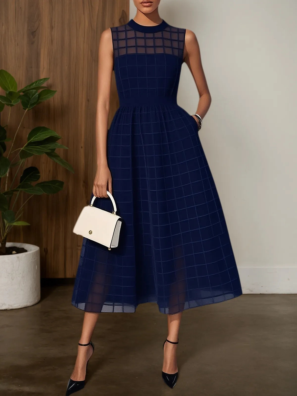 Navy Blue Classic Crew Neck Sleeveless A-Line Midi Dress