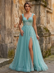 Sweetheart Wide-Strap Glitter Tulle A-Line Prom Dress with Lace-Up Back and High Slit