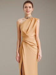 Champagne Satin One Shoulder Sleeveless Asymmetrical Length Dress with High Slit
